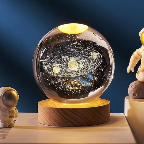 Boule de cristal 3D avec socle en bois, veilleuse LED 3D, décoration de maison en cristal galaxie - Système solaire