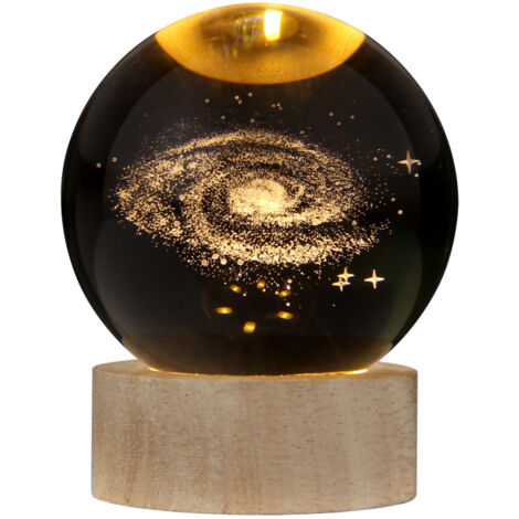 Boule de cristal 3D lumière chaude socle bois petite veilleuse USB Plug and Play