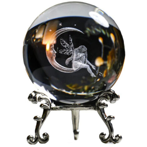 Boule de cristal 6 cm motif Lune et Fée avec socle métallique argenté, décoration de bureau et intérieur