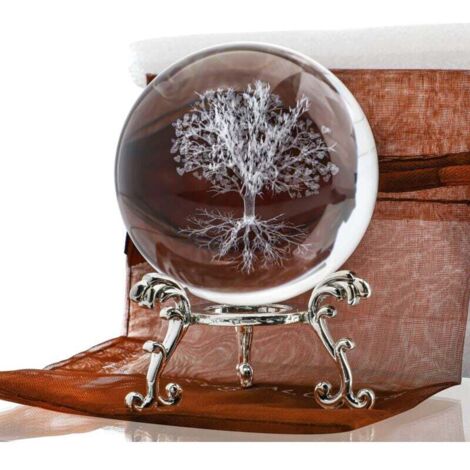 Boule de cristal de 60 mm avec support en forme d'arbre de vie - Presse-papier décoratif en verre gravé au laser - Décoration intérieure