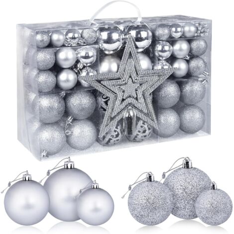 Boule de Noel, 101 Pcs Decoration Noel Sapin Boules de Noël avec Boule de Noel Argent, avec Cime d'arbre étoilé, Parfait pour Décorations de Noël Intérieure ou Extérieure