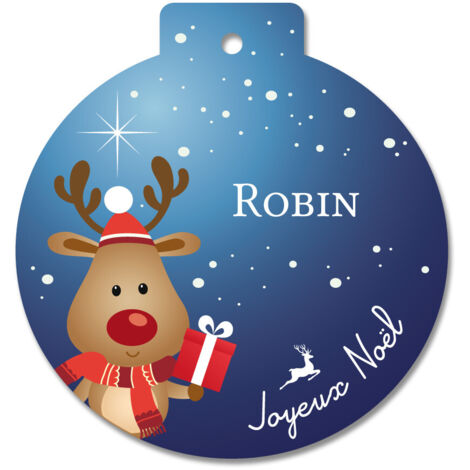 Boule de Noël Bleue en Plexiglas personnalisable – Motif Petit Renne – Décoration sapin – Gravure prénom – 9 cm