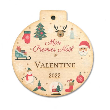 ADZIF.BIZ LE STICKER DE DECORATION Boule de Noël en bois personnalisée – Mon Premier Noël – Décoration sapin à suspendre – Prénom gravé – 9 x 9,5 cm