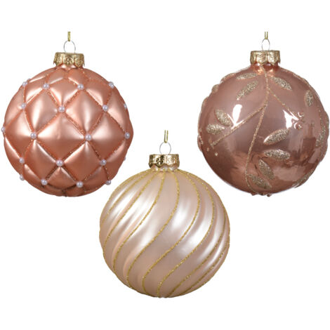 Boule de Noël en verre émaillé mat avec motif lignes à carreaux et feuilles mélangées couleur perle, ø 10cm