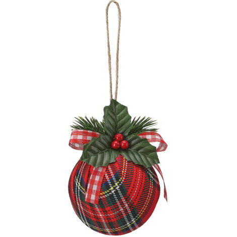 Boule de Noël rouges à carreaux avec nœud et feuilles vertes et baies rouges pour sapin de Noël, fête, maison,8cm