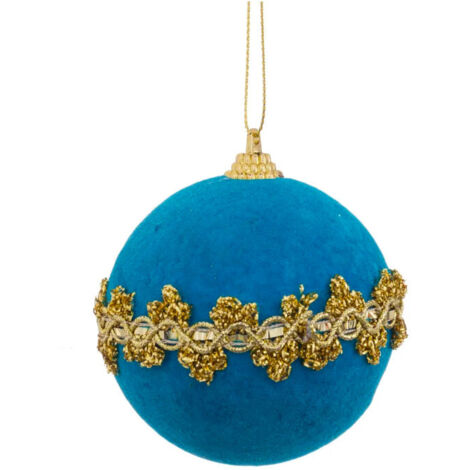 Boule de Noël velours bleu turquoise et doré 8cm