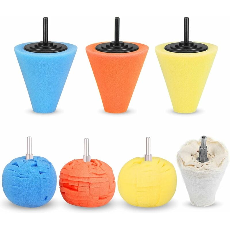 Boule de Polissage, 7Pièces 1/4' 6mm Tige éponge cône en métal Mousse de Polissage Pad Polissage Boule pour Les Soins des Roues de Voiture