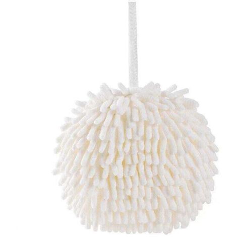 Boule de séchage en chenille blanche, idéale pour la cuisine et la salle de bain. Absorbante et facile à suspendre.