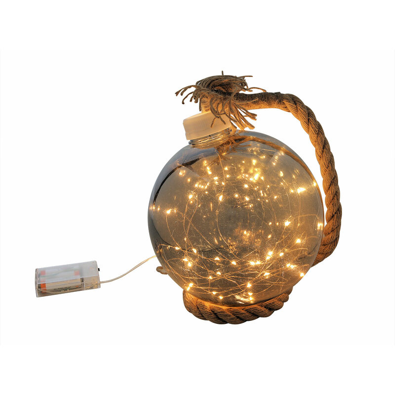 Spetebo - Boule à led en plastique sur corde de chanvre - éclairée par 30 led / minuterie - ø 20 cm
