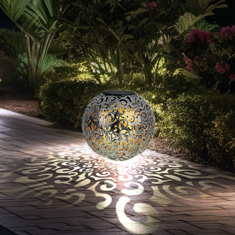 Boule solaire lumineuse solaire pour l'extérieur, couleur argent, lampe à brancher, jardin, boule orientale, avec effet de lumière et piquet de sol,