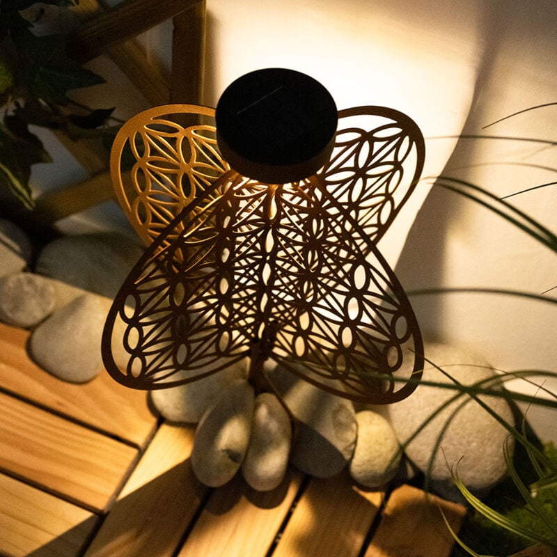 Boule solaire rouille pour extérieur Lampe solaire rouille Lampe solaire de jardin avec piquet, effet lumineux motif fleur de vie, 1x led blanc