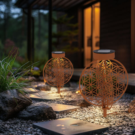 Boule solaire rouille pour extérieur, lampe solaire rouille, lampe solaire de jardin avec piquet, effet lumineux motif fleur de vie, 1x LED blanc chaud, DxH 20 x 31 cm, lot de 2