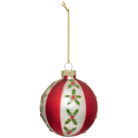 Boule verre décor houx D.8cm rouge et blanc - Atmosphera créateur d'intérieur
