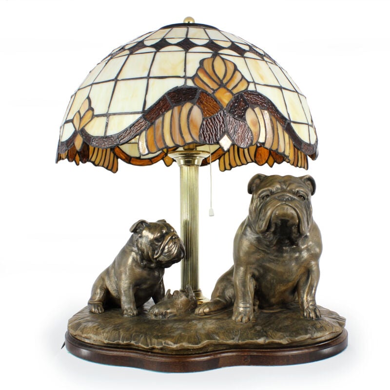 Bouledogue anglais, Bulldog - lampe avec abat-jour en verre teinté, lampe de table avec statuette de chien, décoration d'intérieur rétro par Art-Dog