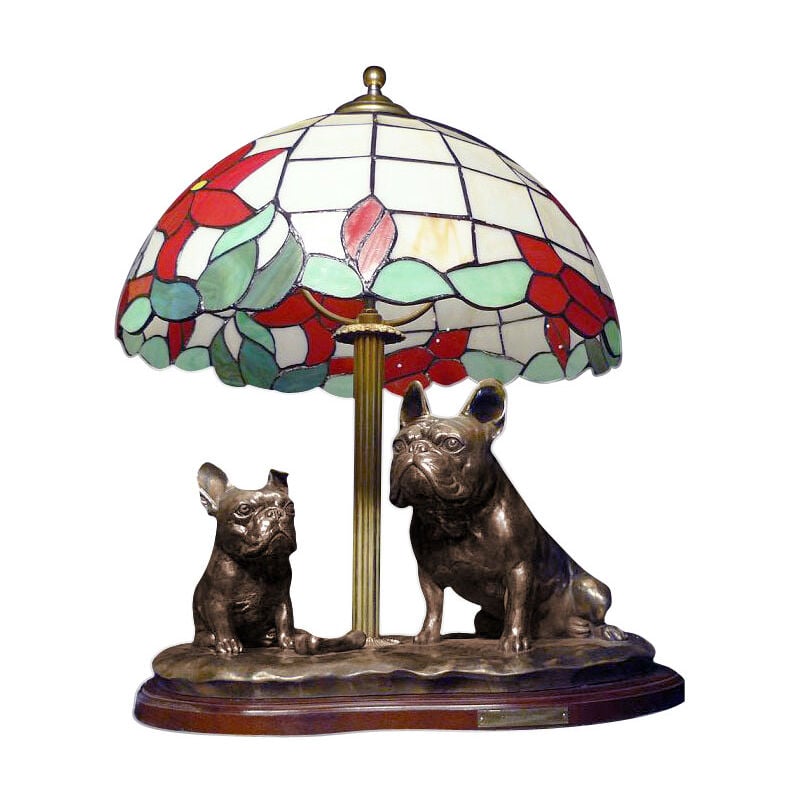 Bouledogue français - lampe avec abat-jour en vitrail, lampe de table avec statuette de chien, décoration d'intérieur rétro par Art-Dog