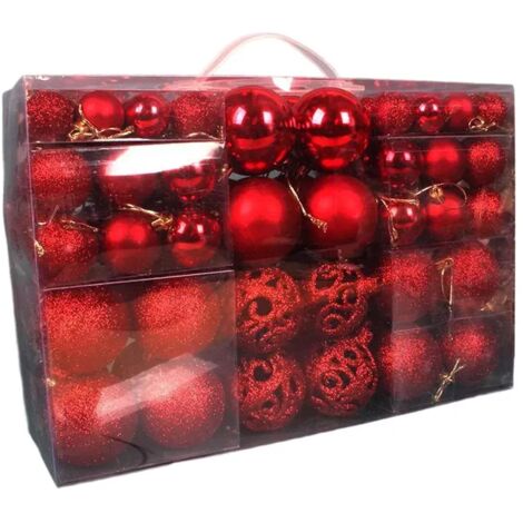 Boules de Noël 3-6 cm, lot de 100 dans une boîte en PVC, boules roses brillantes et mates avec motifs découpés pour décorer le sapin de Noël - (Rouge)