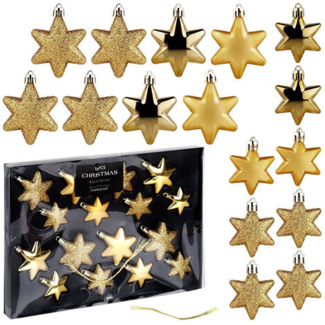 Boules de Noël incassables, étoiles dorées, 6/5 cm, 16 pièces.