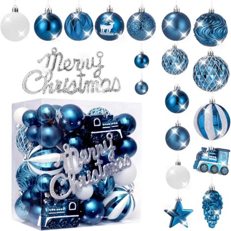 Boules de Noël, lot de 65 boules de Noël en plastique, décorations de Noël, dorées et bleues, avec inscription « Joyeux Noël » dorée.