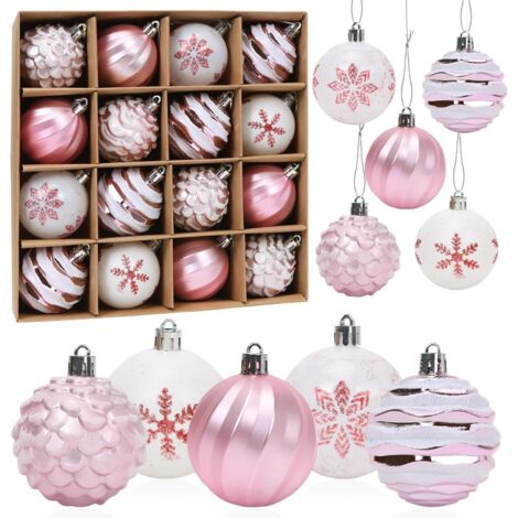 Boules de Noël Rose, 16pcs Boule d'arbre de Noël 6cm, Ornement de Sapin de Noël, Peint Boule Noel Plastique Rose Blanc avec Lanière pour Decoration Sapin Noel Intérieure ou Extérieure