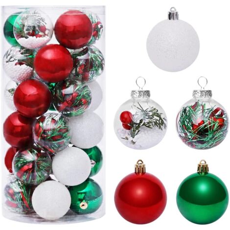 Boules de Noël Vert et Rouge 6 CM, Lot de 30 Boules de Noël Ornements en Plastique, Suspendues Ornements de Boule, Décorations d'arbre de Noël