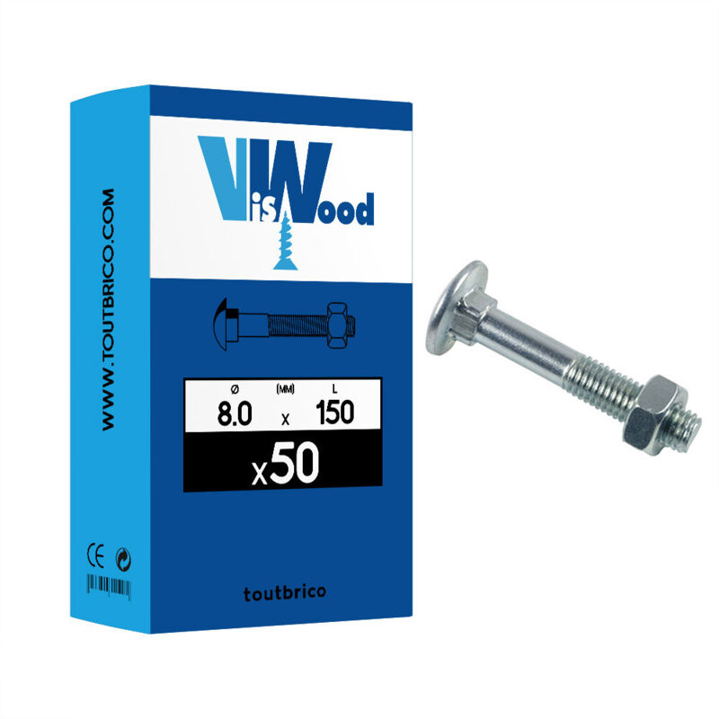 Boulon viswood Tête ronde collet caré - az 4.8 - Ø8 x 150 mm - Boite de 50 - 50180150