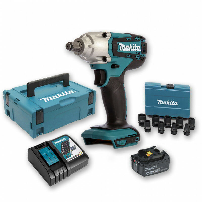 Boulonneuse à chocs 18V 190Nm 1/2' DTW190 avec 1 batterie 3Ah + Coffret 9 douilles + coffret Makita