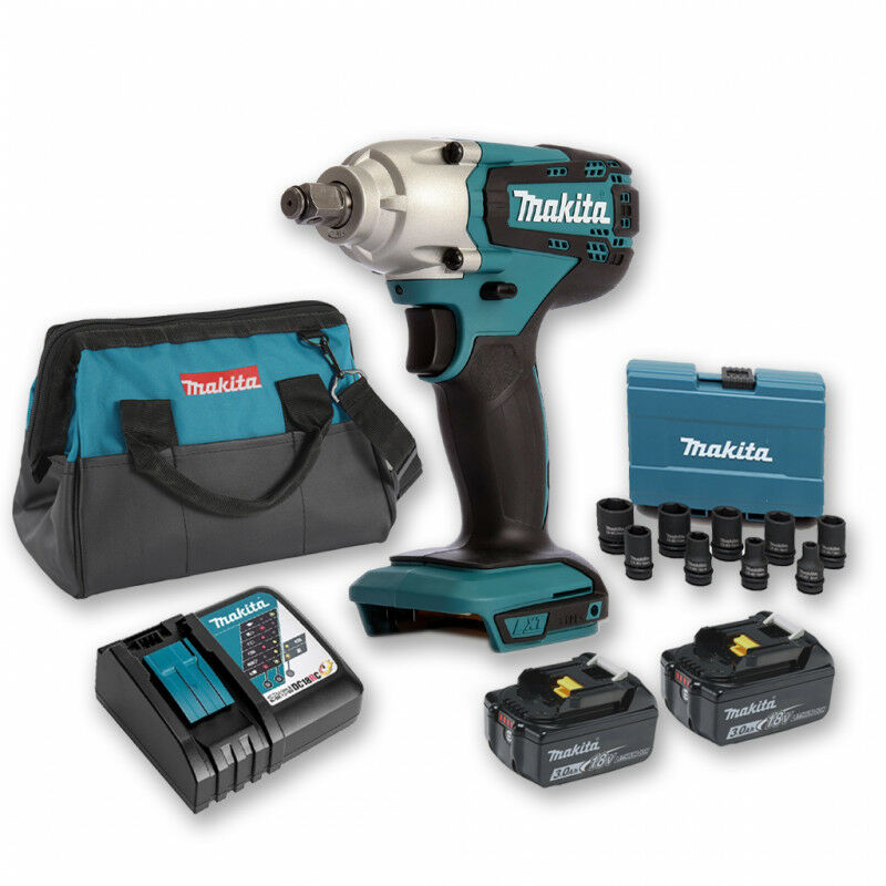 Boulonneuse à chocs 18V 190Nm 1/2' DTW190 avec 2 batteries 3Ah + Coffret 9 douilles + sac Makita