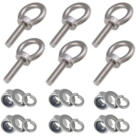 Boulons à œil M8 – Lot de 6 pièces – Acier inoxydable 304 – Longueur filetage 30mm – Écrous et rondelles de blocage inclus