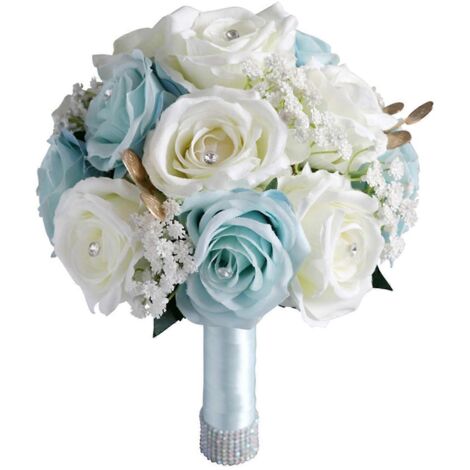 Bouquet de fleurs romantique pour mariage, roses artificielles blanches et bleues, accessoires photo pour la mariée, bouquets de demoiselles d'honneur, Saint-Valentin
