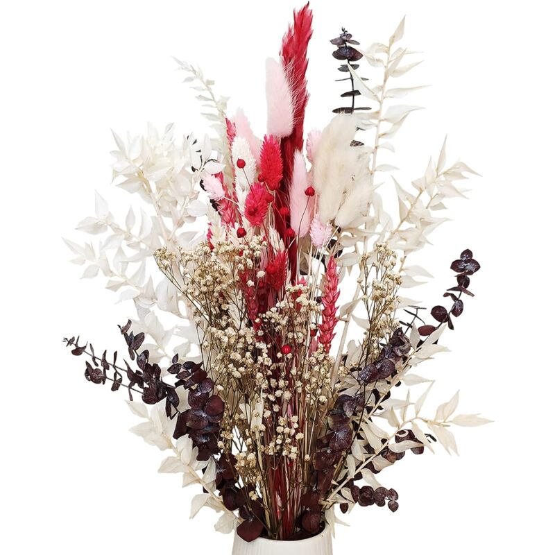 Bouquet de fleurs séchées Boho Décoration – Herbe de la pampa Eucalyptus et véritables fleurs séchées en vieux rose rouge, beige, crème et blanc