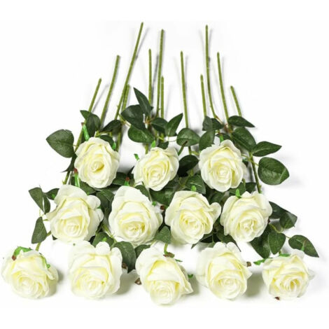 Bouquet de roses blanches en soie, fleurs artificielles réalistes, 12 pièces