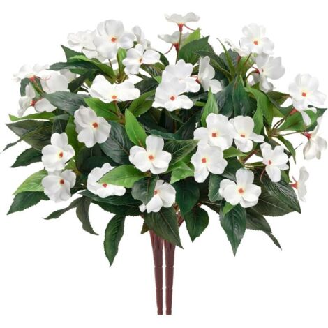 Bouquet di impatiens artificiali con 7 steli per patio, prato, giardino, decorazioni per matrimoni, oggetti di scena per servizi fotografici (2 pezzi) Bianco