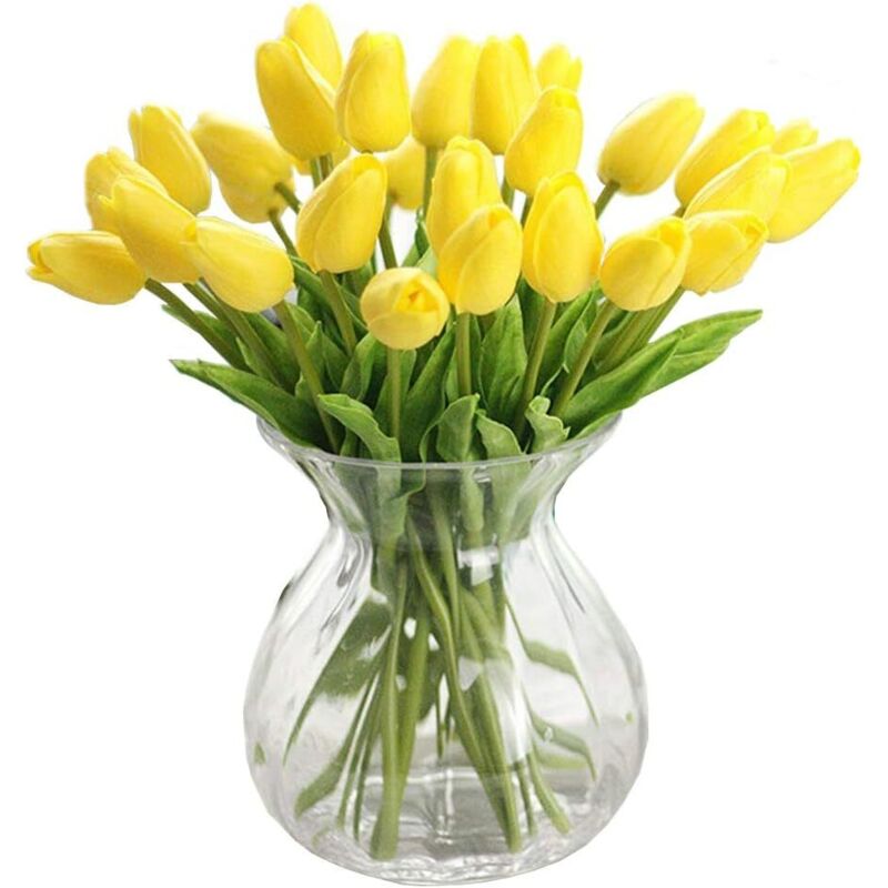 Bouquet of 12 artificial white and yellow tulips, realistic feel, for home, wedding, party