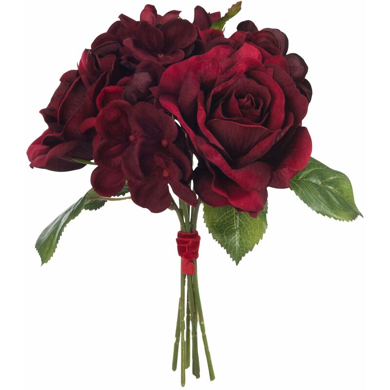 Bouquets roses/hydrangea rouge fonce H. 25cm - Rose