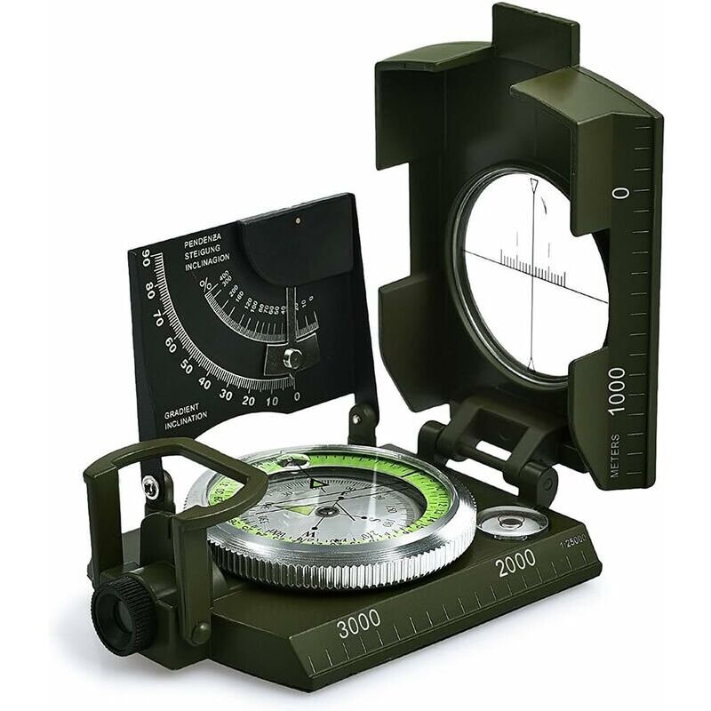 Boussole Militaire Professionnelle, Boussole Imperméable IP65 en Métal Compas de Visée Fluorescent Equipé de Clinomètre avec Sac de Transport pour