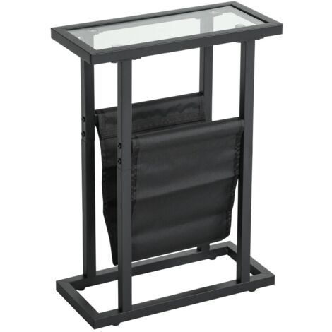 Bout de canapé Bout de Canapé avec Plateau en Verre - Compartiment de Rangement en Tissu, Cadre Métal Noir