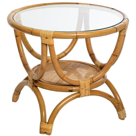 Bout de canapé en rotin et verre trempé coloris naturel - Diamètre 60 x Profondeur 50 cm