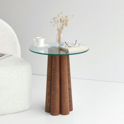 Bout de canapé en verre et bois brun - base sculptée ANZIO