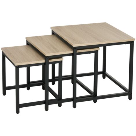 Bout de canapé - Ensemble de 3 tables avec cadre acier - 45 x 45 x 44 (cm) - Aspect bois naturel