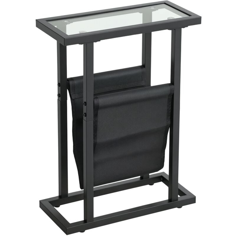 Bout de canapé table basse d'appoint porte-revues intégré acier noir plateau verre trempé transparent