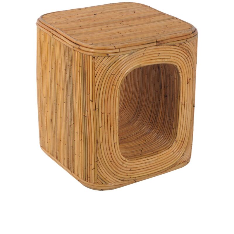 Bout de canapé. table d'appoint. table de chevet avec niche. en rotin naturel. cubique et coins arrondis. L 45 x P 45 x H 50cm