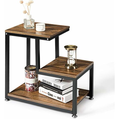 Bout de canapé,table d'appoint en bois avec 3 couches,charge 20kg 61 x 36 x 60cm brun foncé+noir