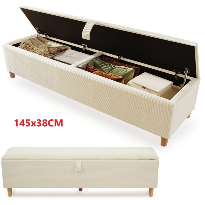 Bout de lit 145x38x46cm Coffre Rangement Caché Solide et Élégant Rembourré pour le Salon la Chambre Meuble Entrée Armoire chaussures Beige