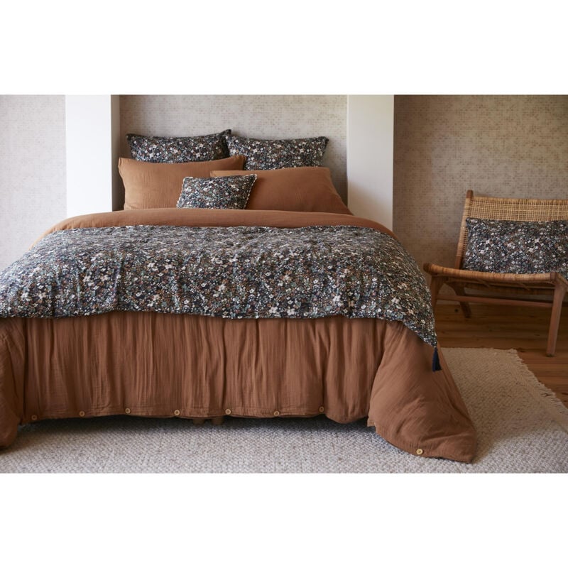 L'effet Papillon - Bout de lit 90 x 200 cm double gaze de coton imprimée capucine Bleu foncé