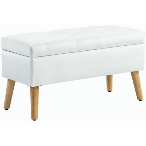 Bout de lit banquette rembourrée velours-blanc-rangement intégré-couvercle-bois caoutchouc-80x35x40cm