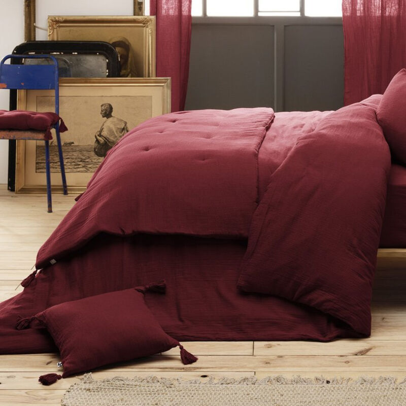 Bout de lit double gaze de coton à pompons 90 x 200 cm Gaia Bordeaux
