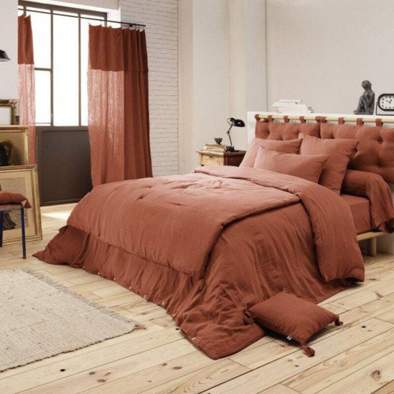 Bout de lit double gaze de coton à pompons 90 x 200 cm Gaia Terracotta