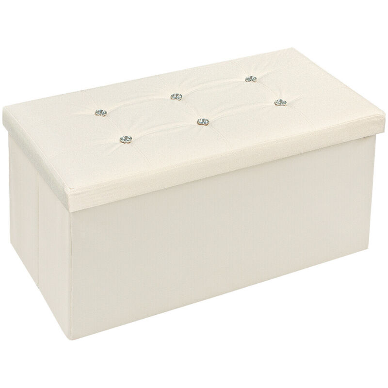 Bout de Lit Pouf Récipient Repose Pieds Diamant Strass Swarovski Couleur Unie 76x38x38 cm - Beige