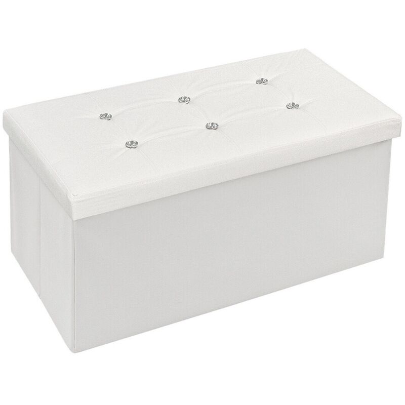 Bout de Lit Pouf Récipient Repose Pieds Diamant Strass Swarovski Couleur Unie 76x38x38 cm - Blanc
