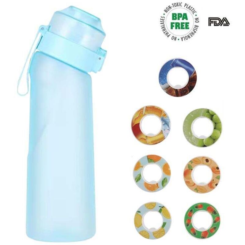 Bouteille d'arôme d'air 650ML, 7 saveurs différentes, bouteille de sport parfumée, sans bpa, 0 sucre, avec paille et brosse de nettoyage (bleu)